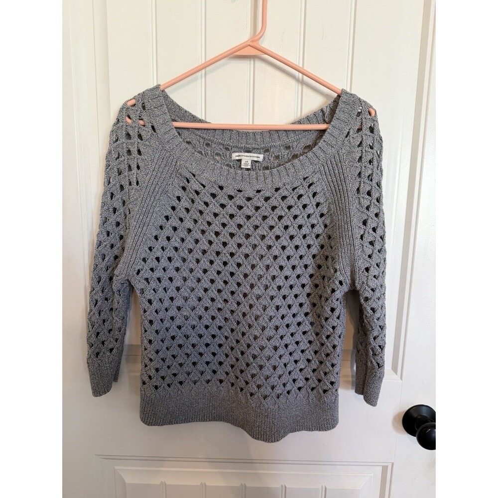 American Eagle Outfitters Womens L Gray Open Knit Crochet Sweater Pullover